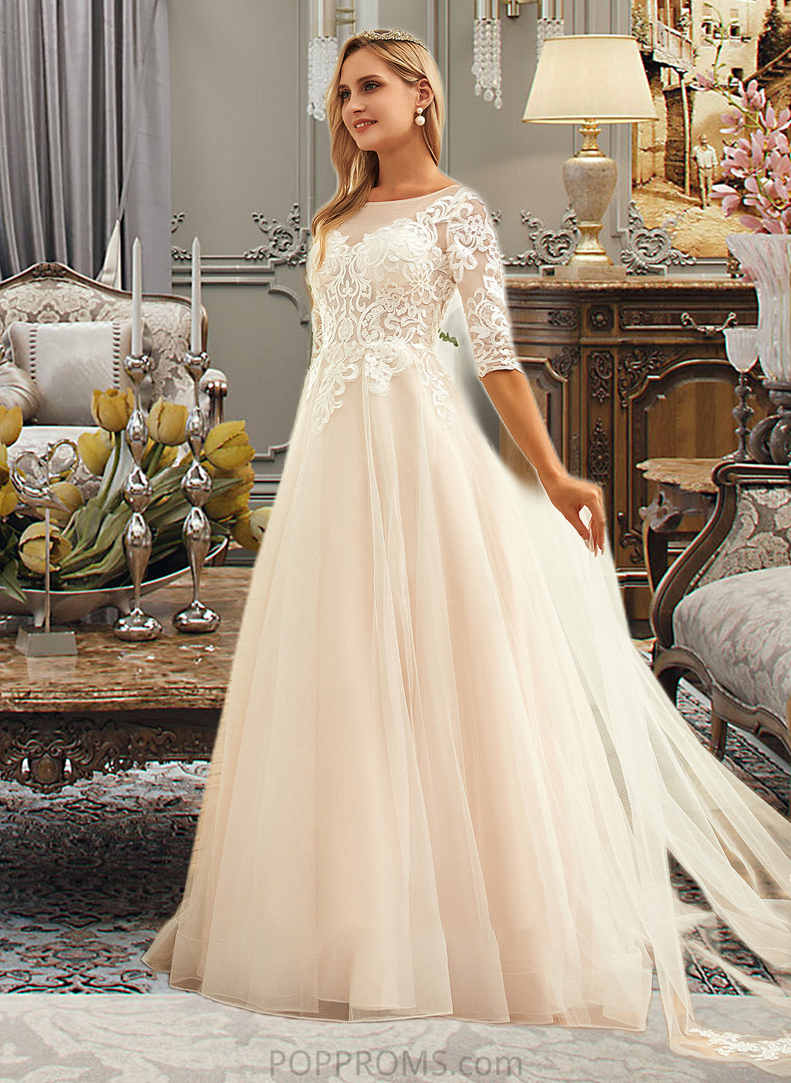 Jewel Ball-Gown/Princess Scoop Neck Sweep Train Tulle Lace Wedding Dress PP6P0013760