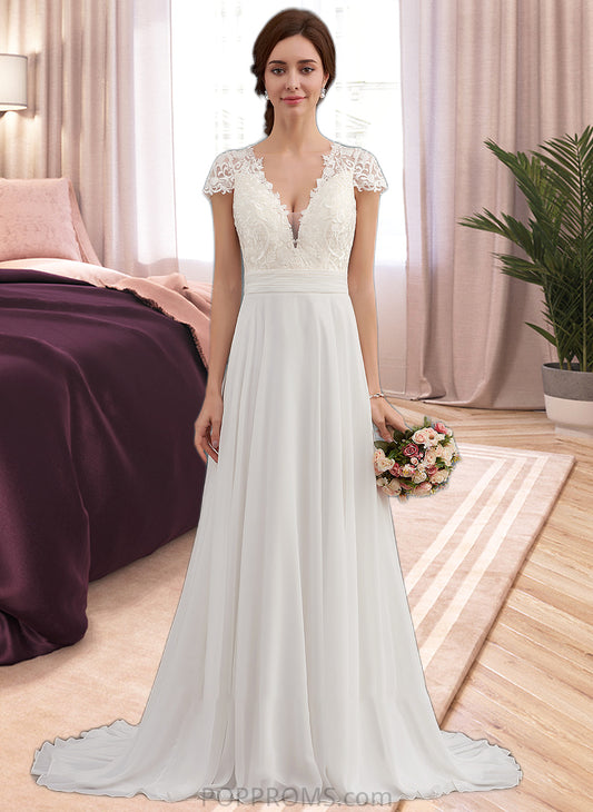 Paloma A-Line V-neck Sweep Train Chiffon Wedding Dress With Ruffle PP6P0013761