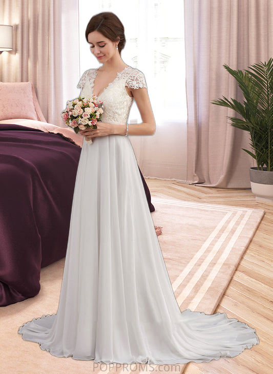 Paloma A-Line V-neck Sweep Train Chiffon Wedding Dress With Ruffle PP6P0013761