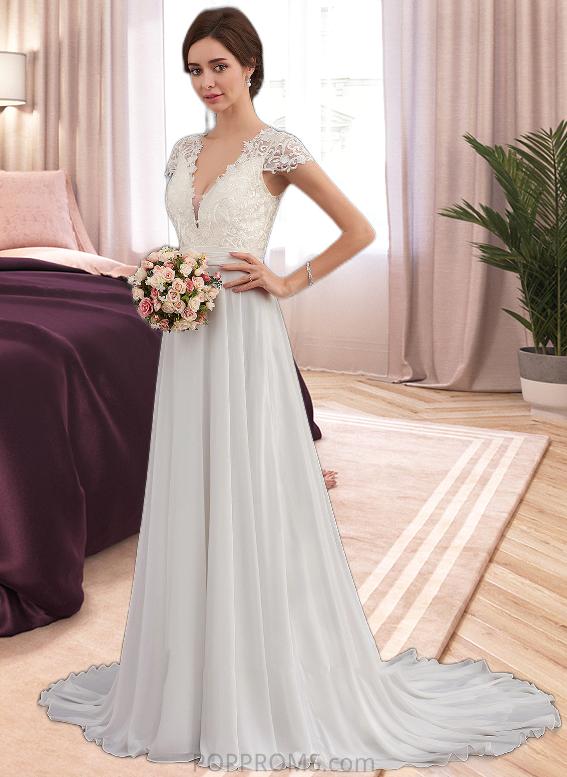 Paloma A-Line V-neck Sweep Train Chiffon Wedding Dress With Ruffle PP6P0013761