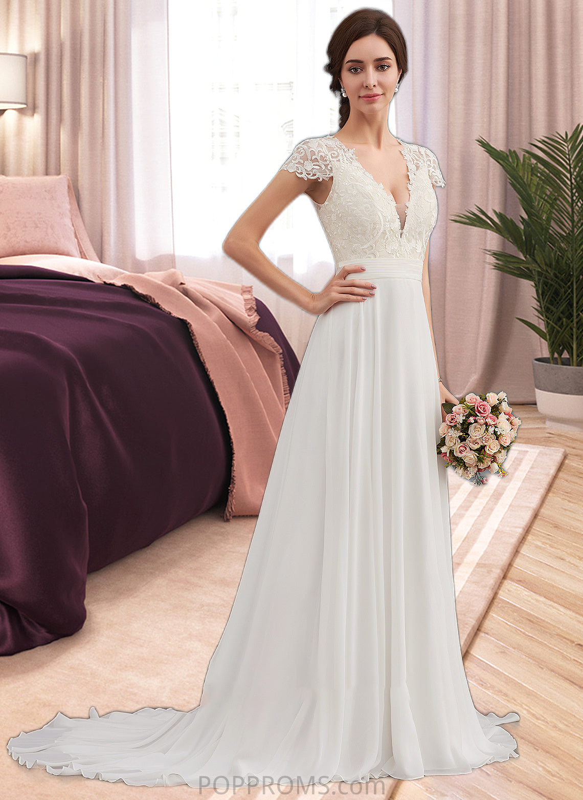 Paloma A-Line V-neck Sweep Train Chiffon Wedding Dress With Ruffle PP6P0013761