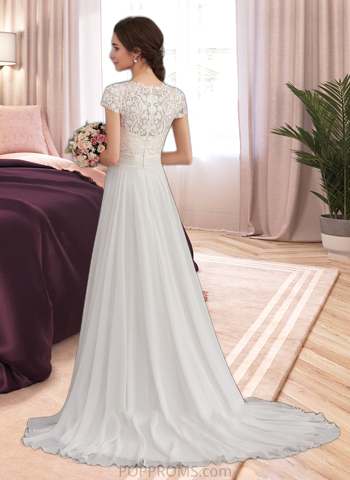 Paloma A-Line V-neck Sweep Train Chiffon Wedding Dress With Ruffle PP6P0013761