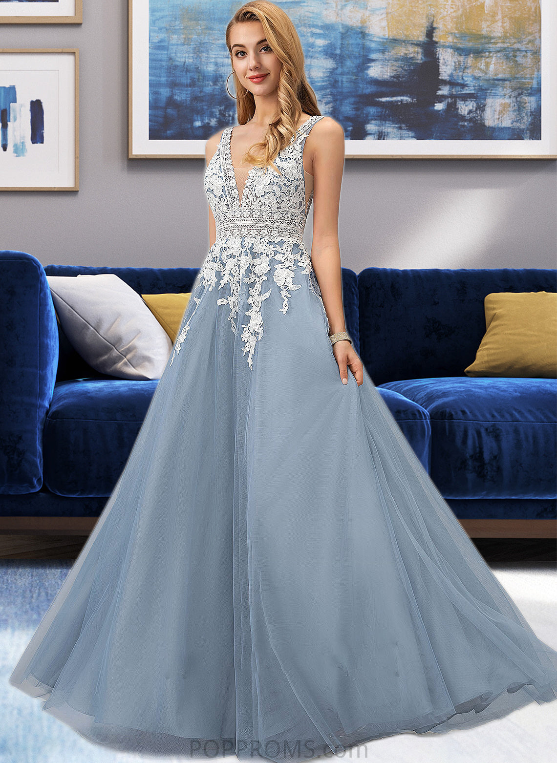 Joslyn Ball-Gown/Princess V-neck Floor-Length Tulle Wedding Dress With Lace PP6P0013763