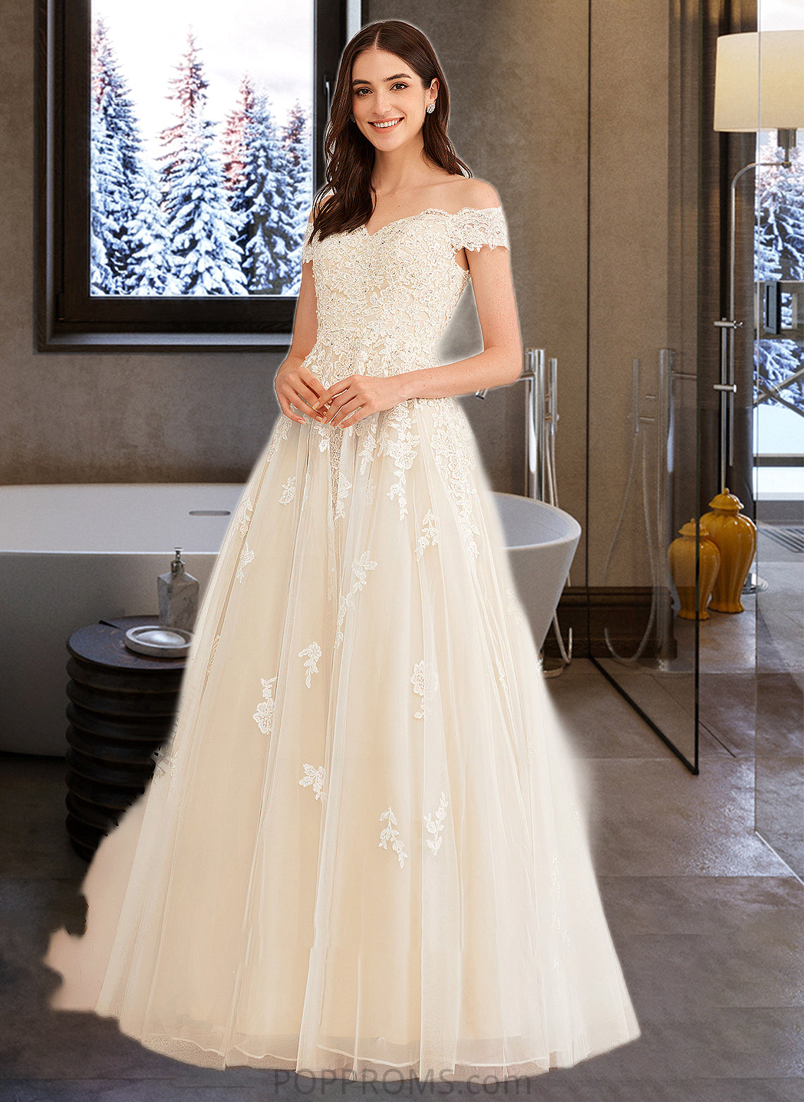 Marley Ball-Gown/Princess Off-the-Shoulder Floor-Length Wedding Dress With Beading Sequins PP6P0013765