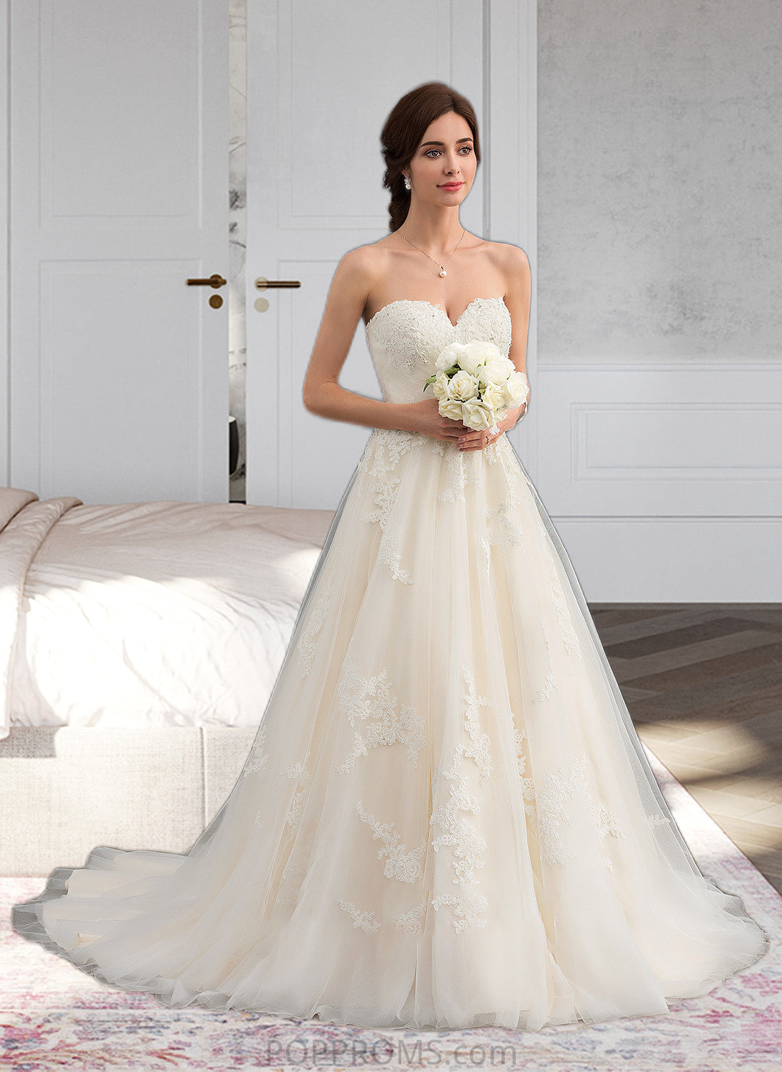 Kianna Ball-Gown/Princess Sweetheart Court Train Tulle Wedding Dress With Ruffle Beading PP6P0013766