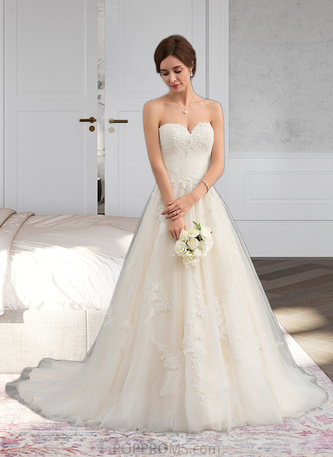 Kianna Ball-Gown/Princess Sweetheart Court Train Tulle Wedding Dress With Ruffle Beading PP6P0013766