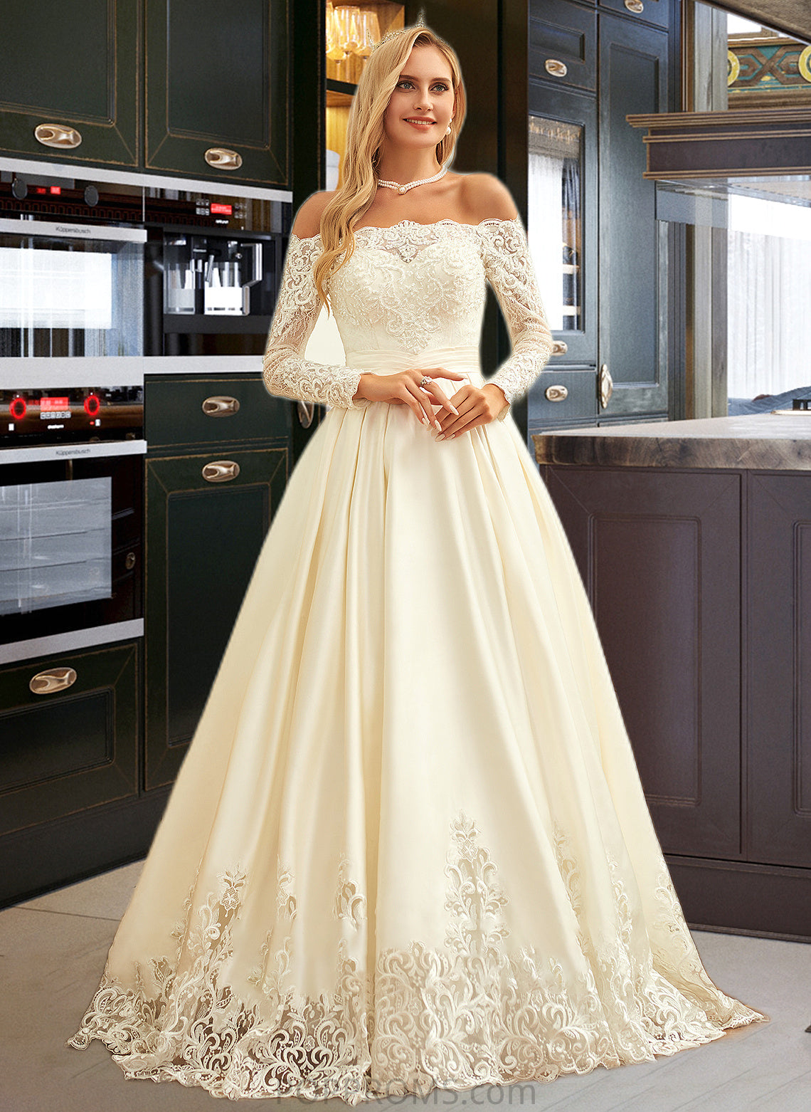 Kali Ball-Gown/Princess Sweep Train Satin Wedding Dress With Beading Sequins PP6P0013768