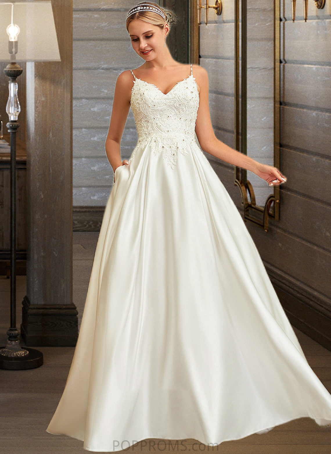 Nevaeh Ball-Gown/Princess V-neck Sweep Train Satin Lace Wedding Dress With Lace Beading Sequins Pockets PP6P0013771