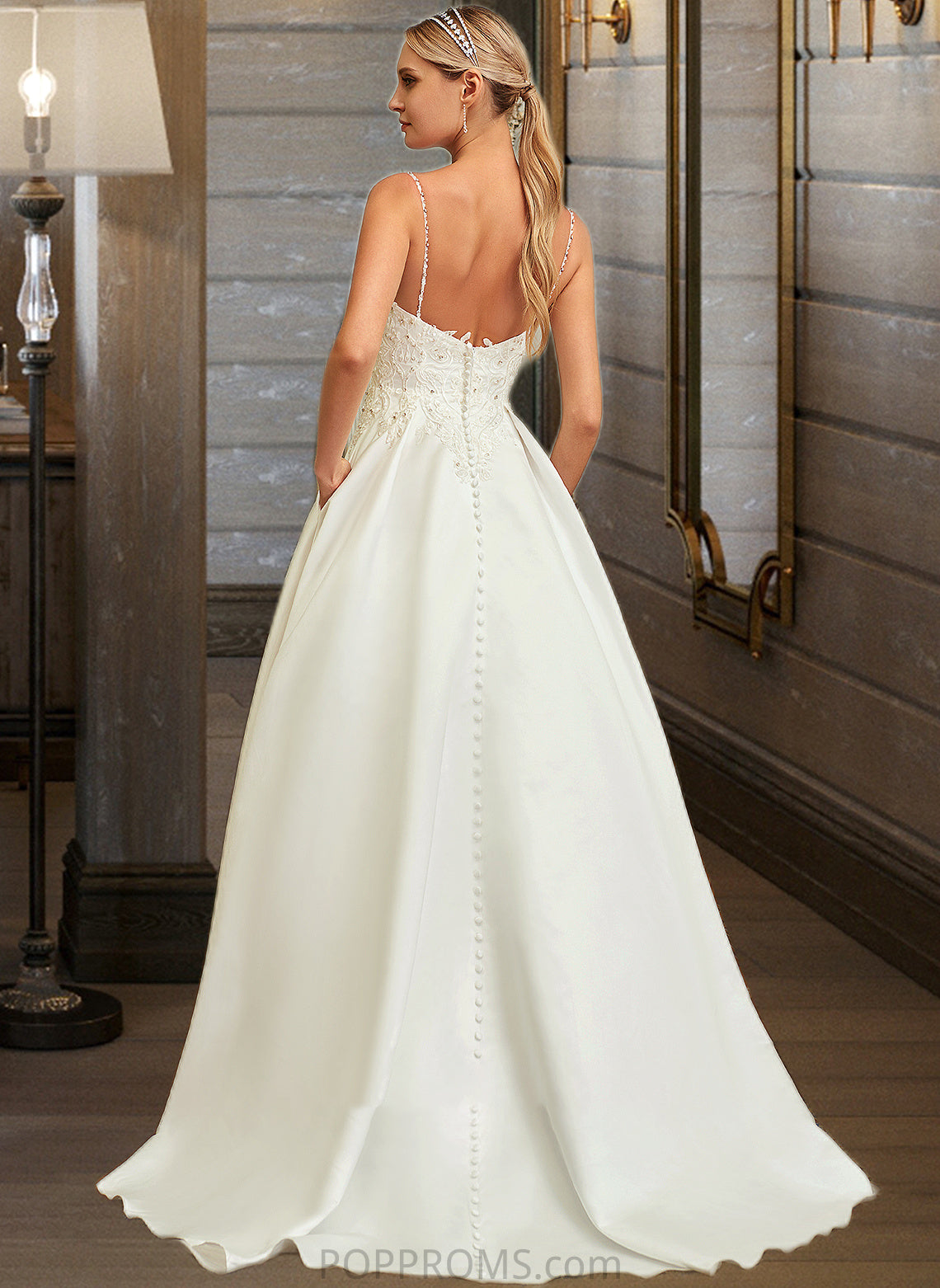 Nevaeh Ball-Gown/Princess V-neck Sweep Train Satin Lace Wedding Dress With Lace Beading Sequins Pockets PP6P0013771