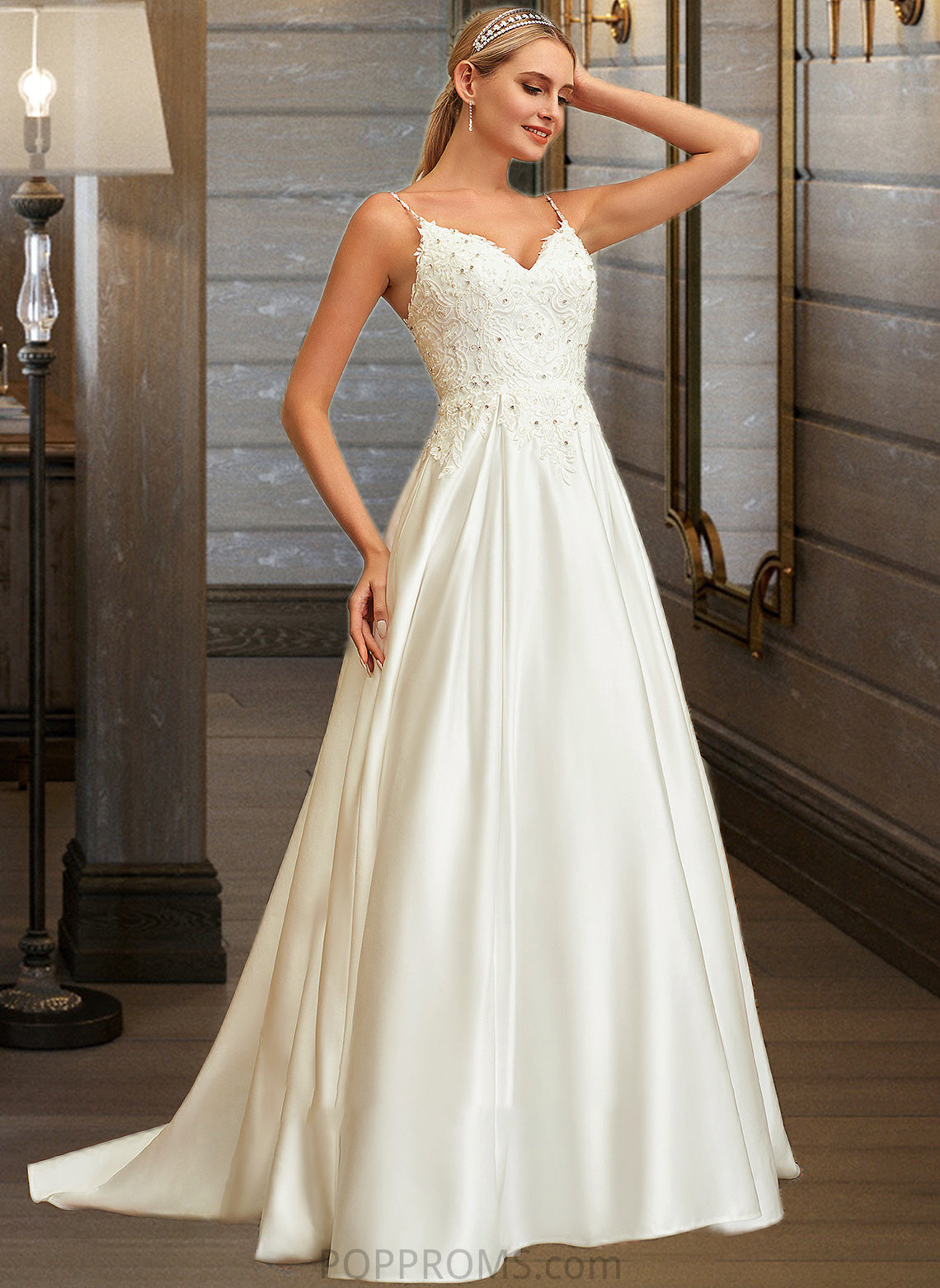 Nevaeh Ball-Gown/Princess V-neck Sweep Train Satin Lace Wedding Dress With Lace Beading Sequins Pockets PP6P0013771