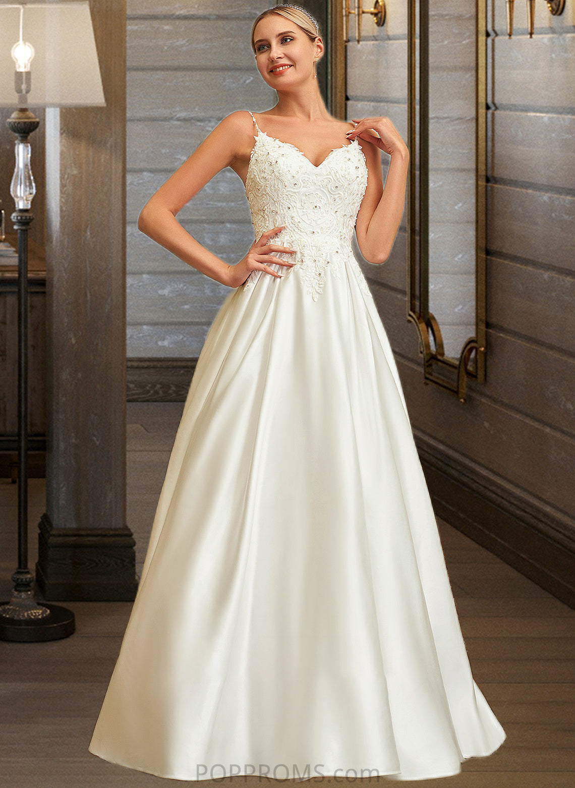 Nevaeh Ball-Gown/Princess V-neck Sweep Train Satin Lace Wedding Dress With Lace Beading Sequins Pockets PP6P0013771