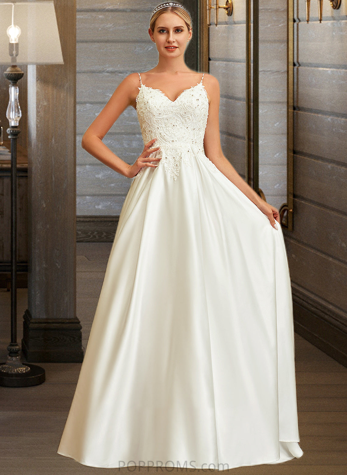 Nevaeh Ball-Gown/Princess V-neck Sweep Train Satin Lace Wedding Dress With Lace Beading Sequins Pockets PP6P0013771