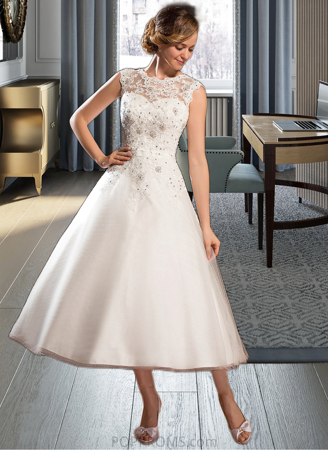 Natalee Ball-Gown/Princess Scoop Neck Tea-Length Tulle Lace Wedding Dress With Beading Sequins PP6P0013773