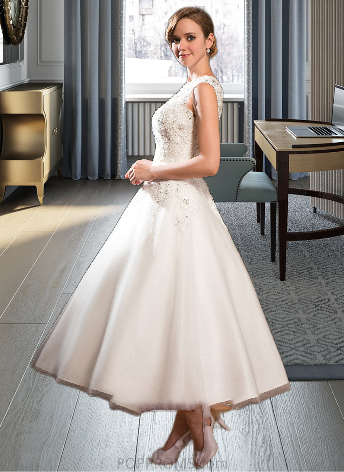 Natalee Ball-Gown/Princess Scoop Neck Tea-Length Tulle Lace Wedding Dress With Beading Sequins PP6P0013773