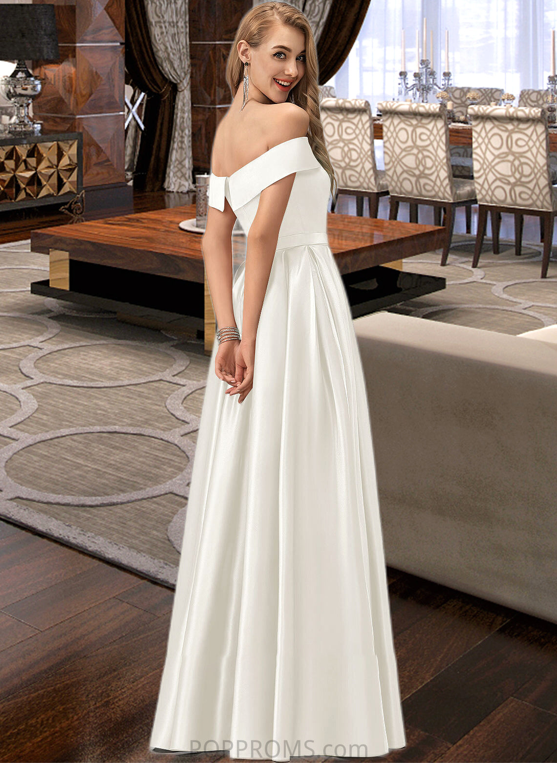 Penelope Ball-Gown/Princess Off-the-Shoulder Floor-Length Satin Wedding Dress With Split Front Pockets PP6P0013774