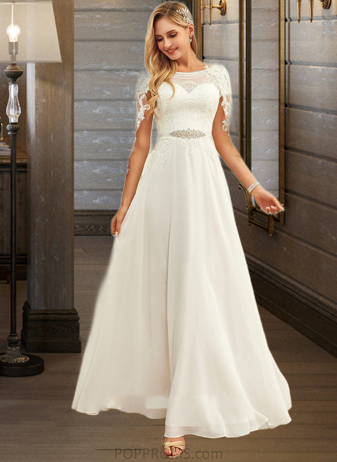 Eden A-Line Scoop Neck Floor-Length Chiffon Lace Wedding Dress With Sequins PP6P0013775