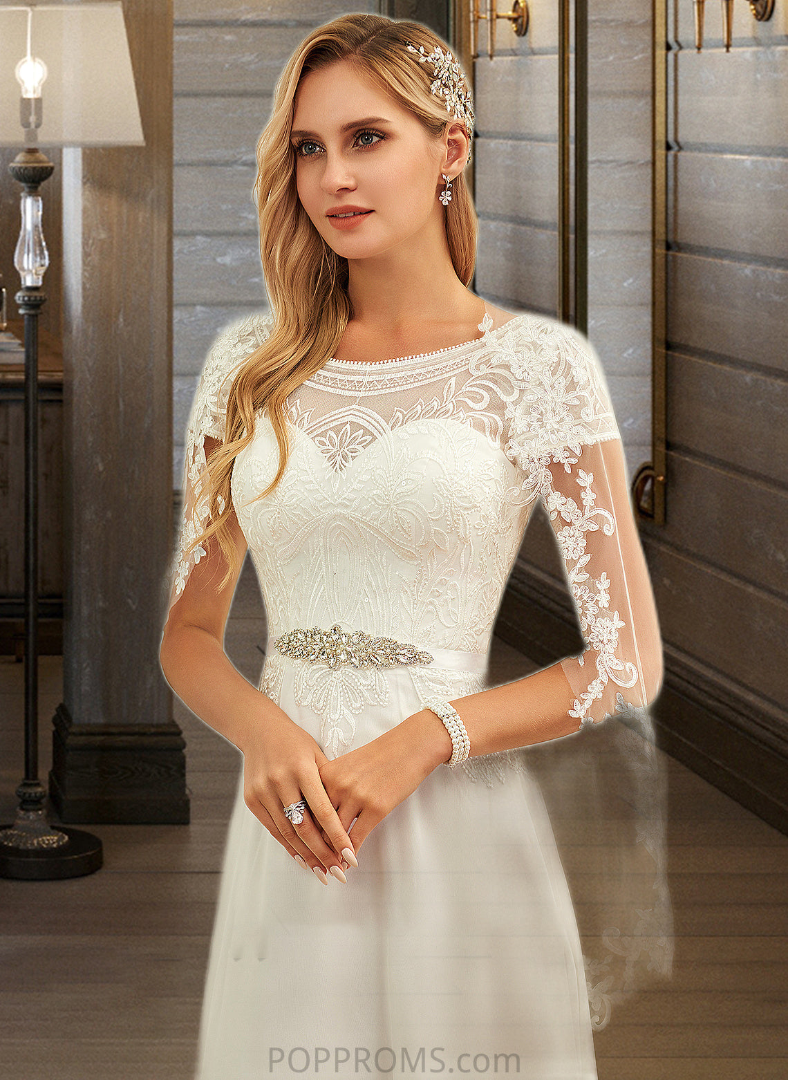 Eden A-Line Scoop Neck Floor-Length Chiffon Lace Wedding Dress With Sequins PP6P0013775