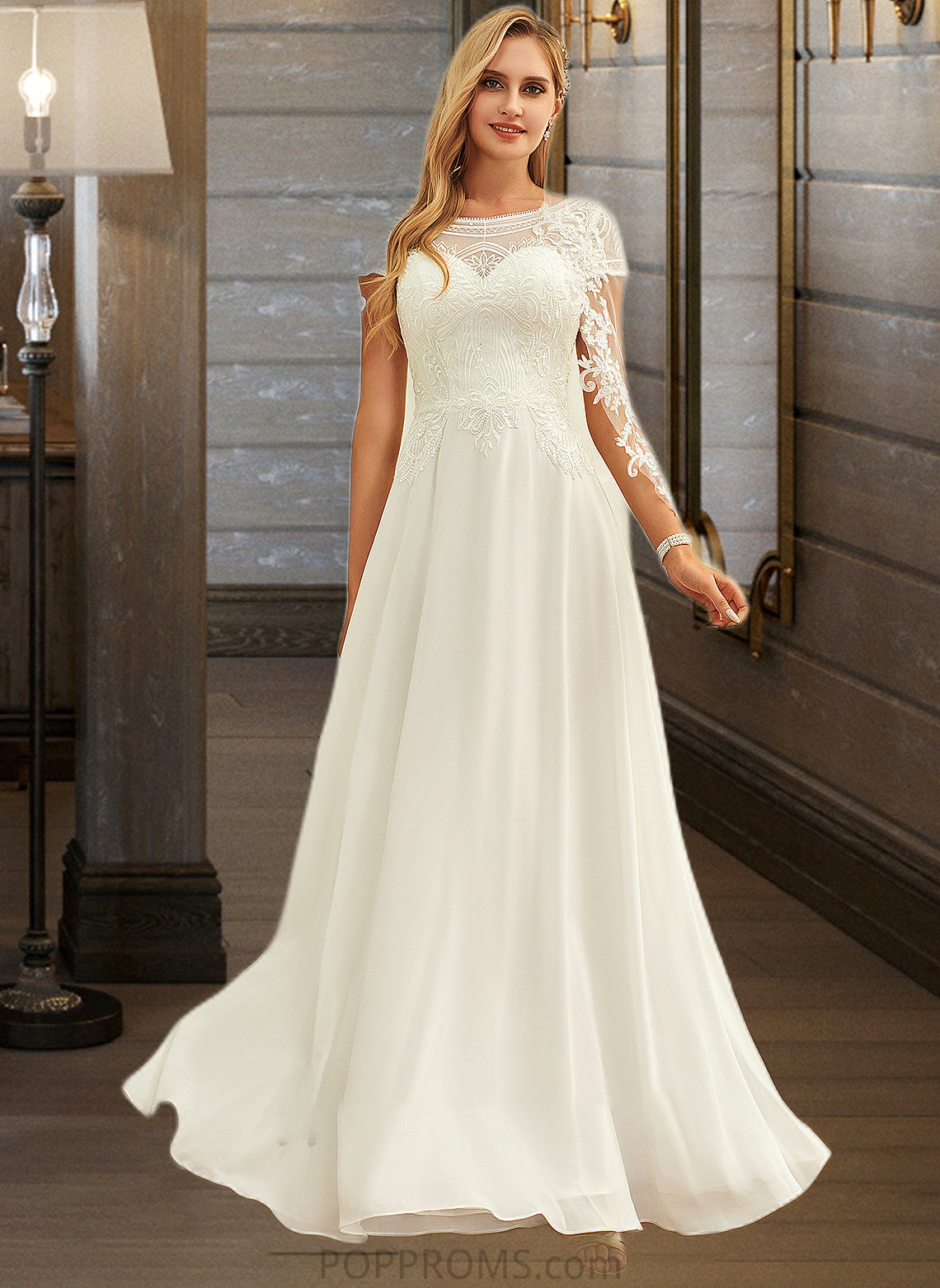 Eden A-Line Scoop Neck Floor-Length Chiffon Lace Wedding Dress With Sequins PP6P0013775