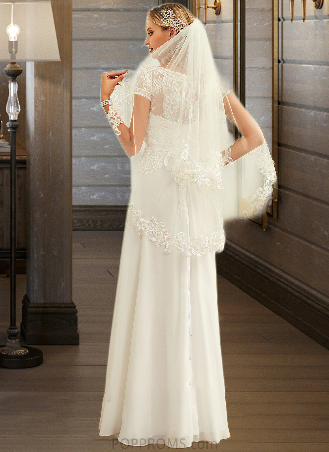 Eden A-Line Scoop Neck Floor-Length Chiffon Lace Wedding Dress With Sequins PP6P0013775