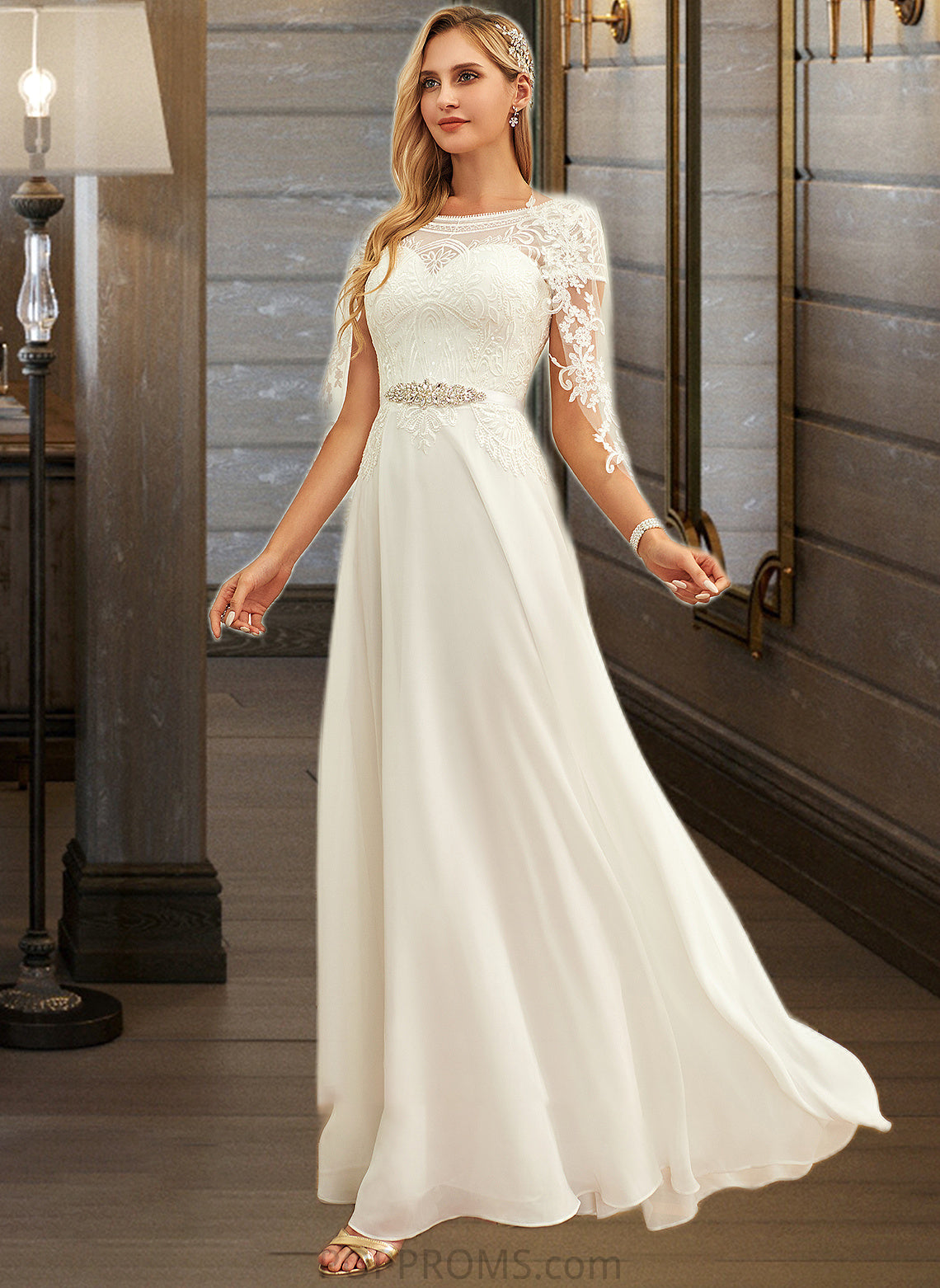 Eden A-Line Scoop Neck Floor-Length Chiffon Lace Wedding Dress With Sequins PP6P0013775