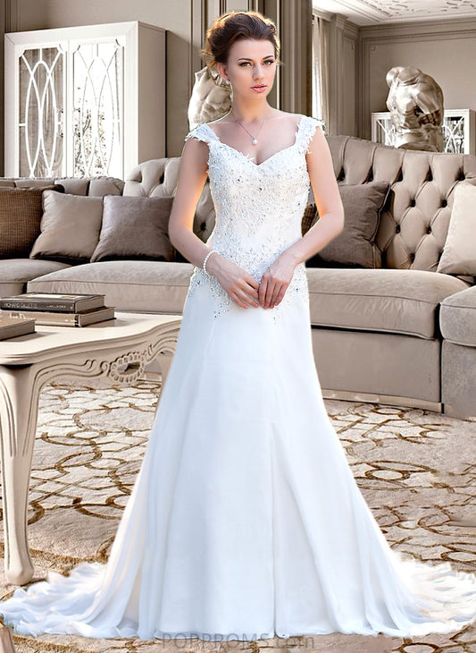 Sahna A-Line V-neck Court Train Chiffon Wedding Dress With Lace Beading Sequins PP6P0013776