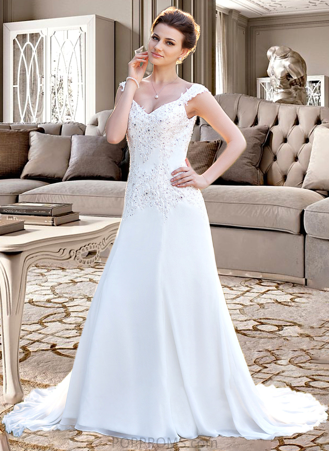 Sahna A-Line V-neck Court Train Chiffon Wedding Dress With Lace Beading Sequins PP6P0013776