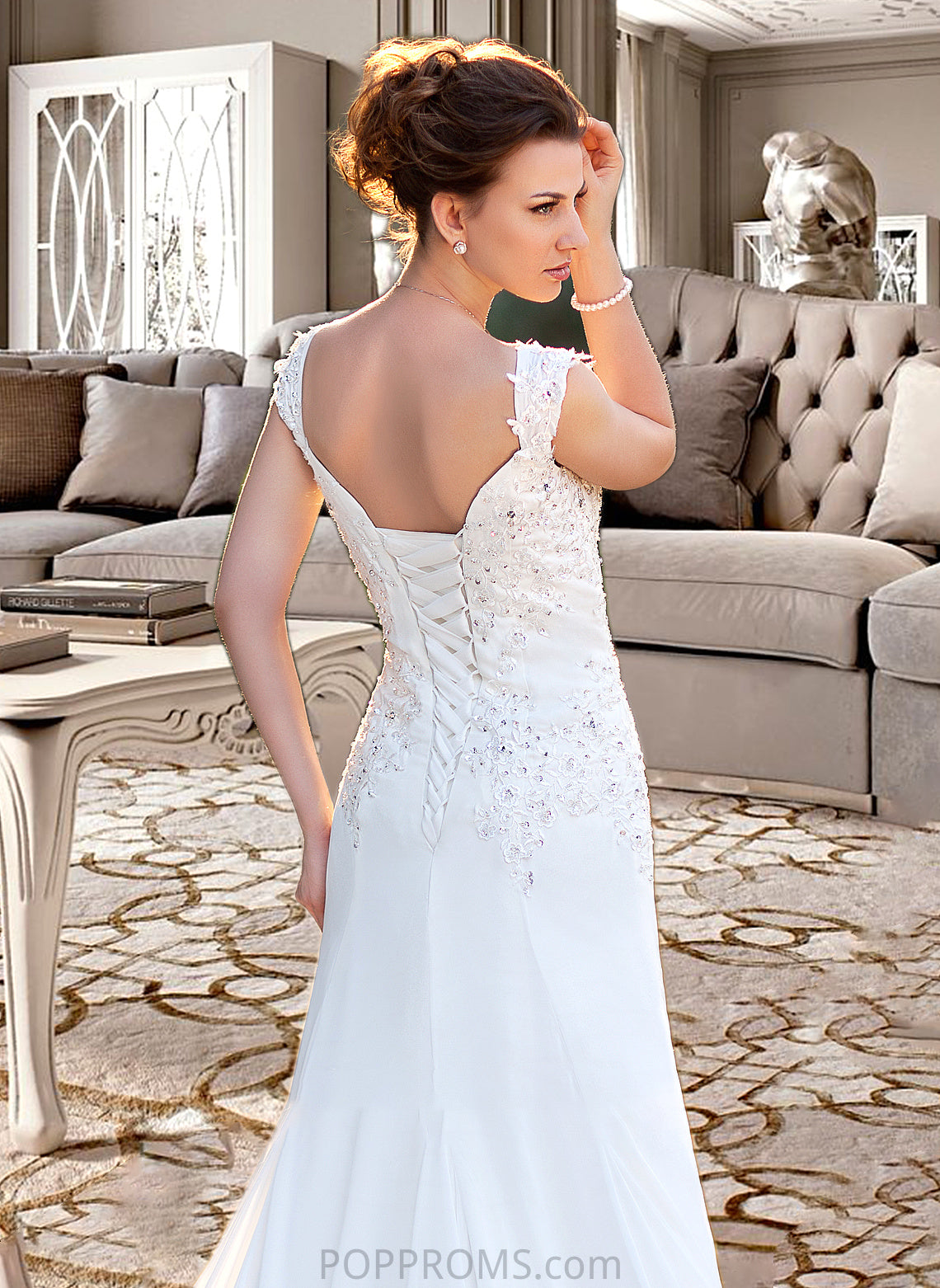 Sahna A-Line V-neck Court Train Chiffon Wedding Dress With Lace Beading Sequins PP6P0013776