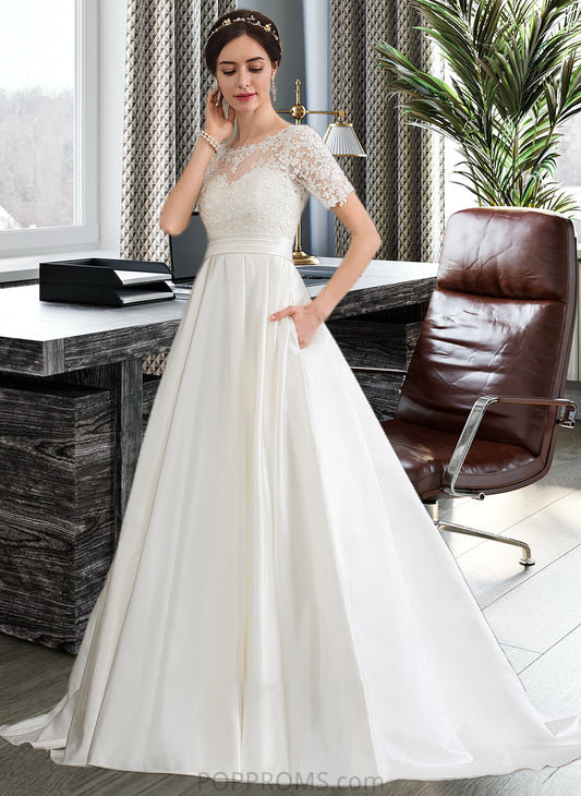 Florence Ball-Gown/Princess Scoop Neck Court Train Satin Wedding Dress With Beading Sequins Pockets PP6P0013777