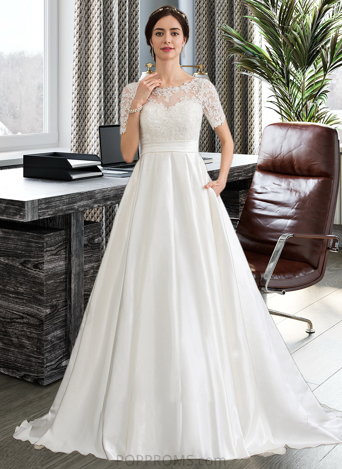 Florence Ball-Gown/Princess Scoop Neck Court Train Satin Wedding Dress With Beading Sequins Pockets PP6P0013777