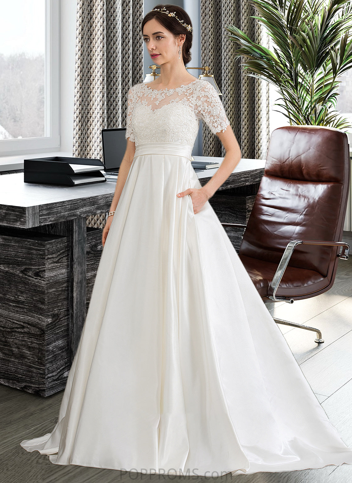 Florence Ball-Gown/Princess Scoop Neck Court Train Satin Wedding Dress With Beading Sequins Pockets PP6P0013777