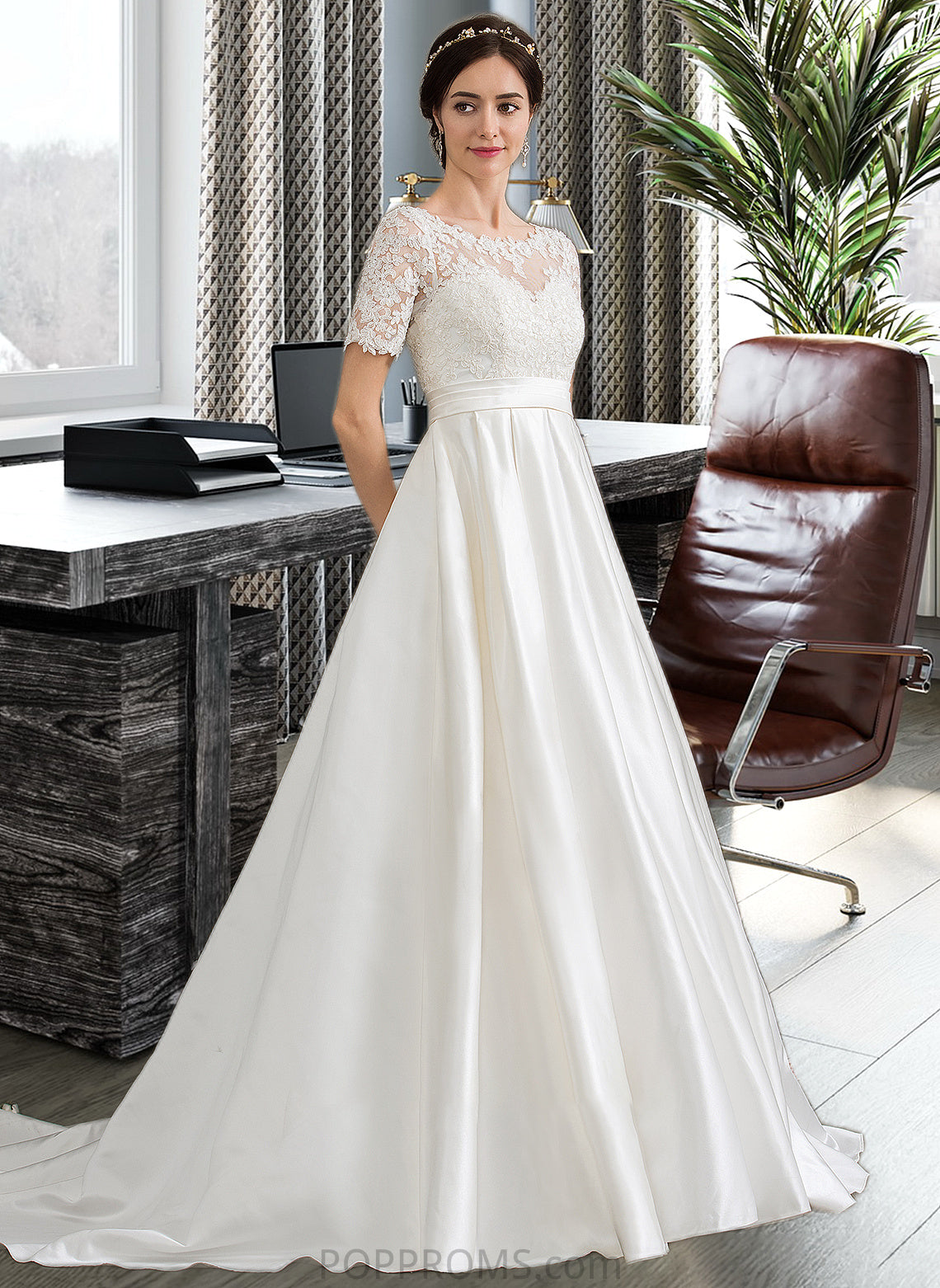 Florence Ball-Gown/Princess Scoop Neck Court Train Satin Wedding Dress With Beading Sequins Pockets PP6P0013777