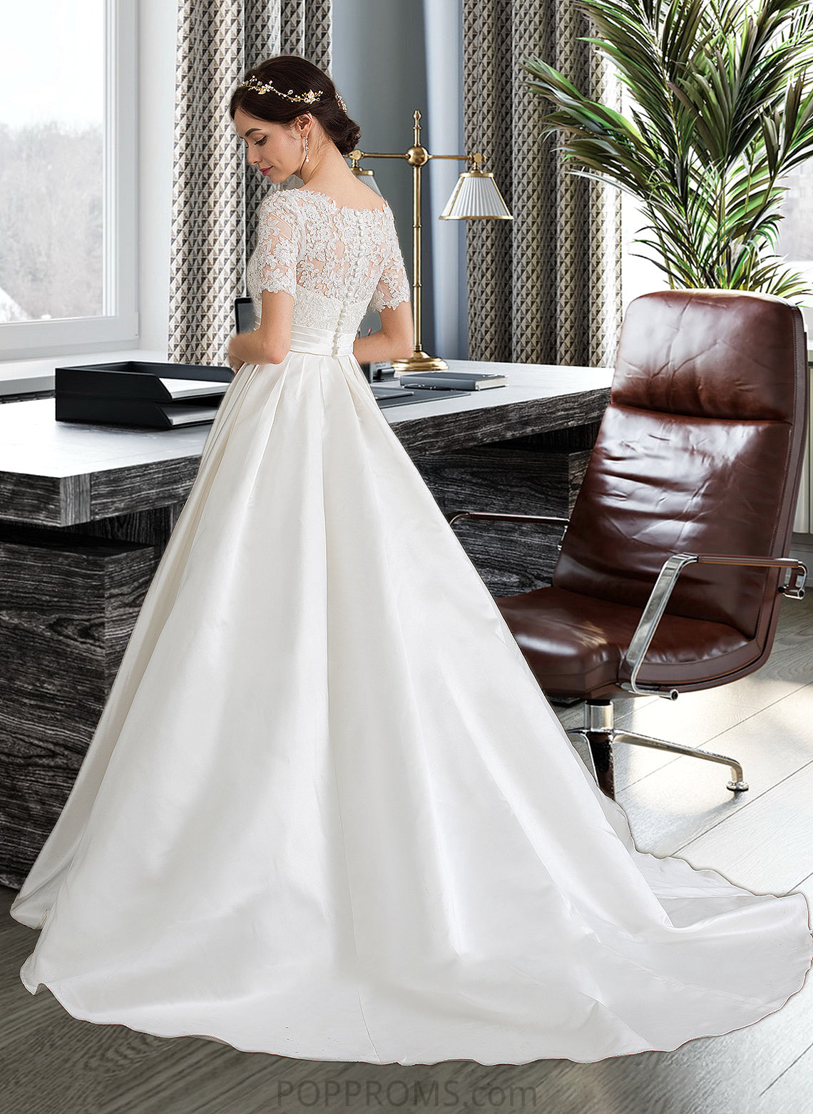 Florence Ball-Gown/Princess Scoop Neck Court Train Satin Wedding Dress With Beading Sequins Pockets PP6P0013777