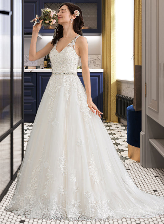 Hazel Ball-Gown/Princess V-neck Court Train Tulle Wedding Dress With Beading Sequins PP6P0013779