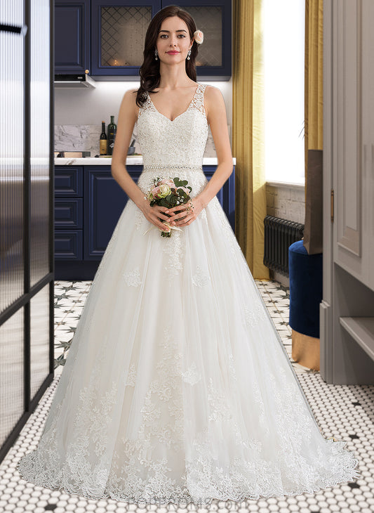 Hazel Ball-Gown/Princess V-neck Court Train Tulle Wedding Dress With Beading Sequins PP6P0013779