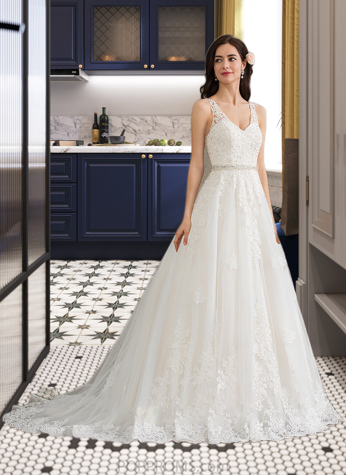 Hazel Ball-Gown/Princess V-neck Court Train Tulle Wedding Dress With Beading Sequins PP6P0013779