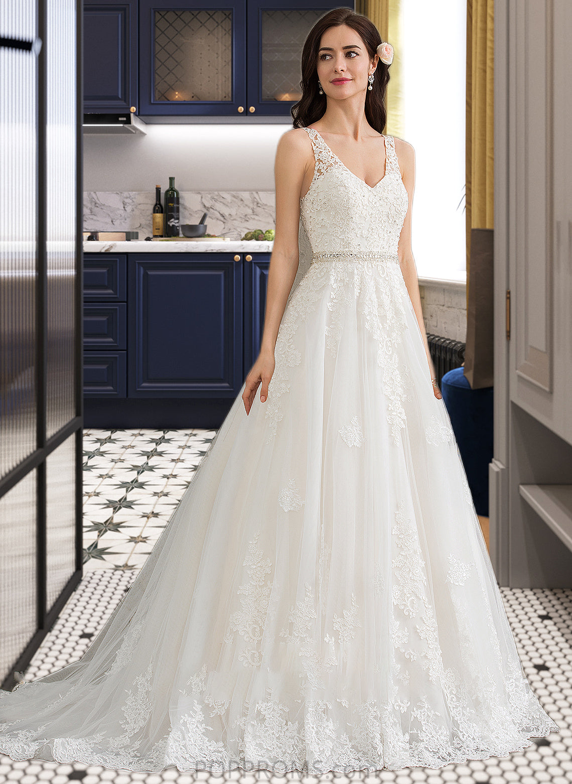 Hazel Ball-Gown/Princess V-neck Court Train Tulle Wedding Dress With Beading Sequins PP6P0013779