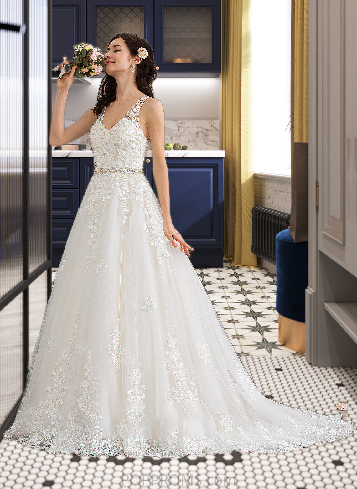 Hazel Ball-Gown/Princess V-neck Court Train Tulle Wedding Dress With Beading Sequins PP6P0013779