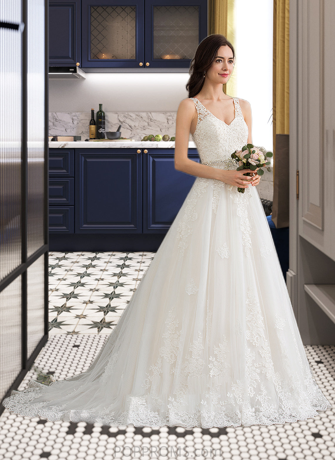 Hazel Ball-Gown/Princess V-neck Court Train Tulle Wedding Dress With Beading Sequins PP6P0013779