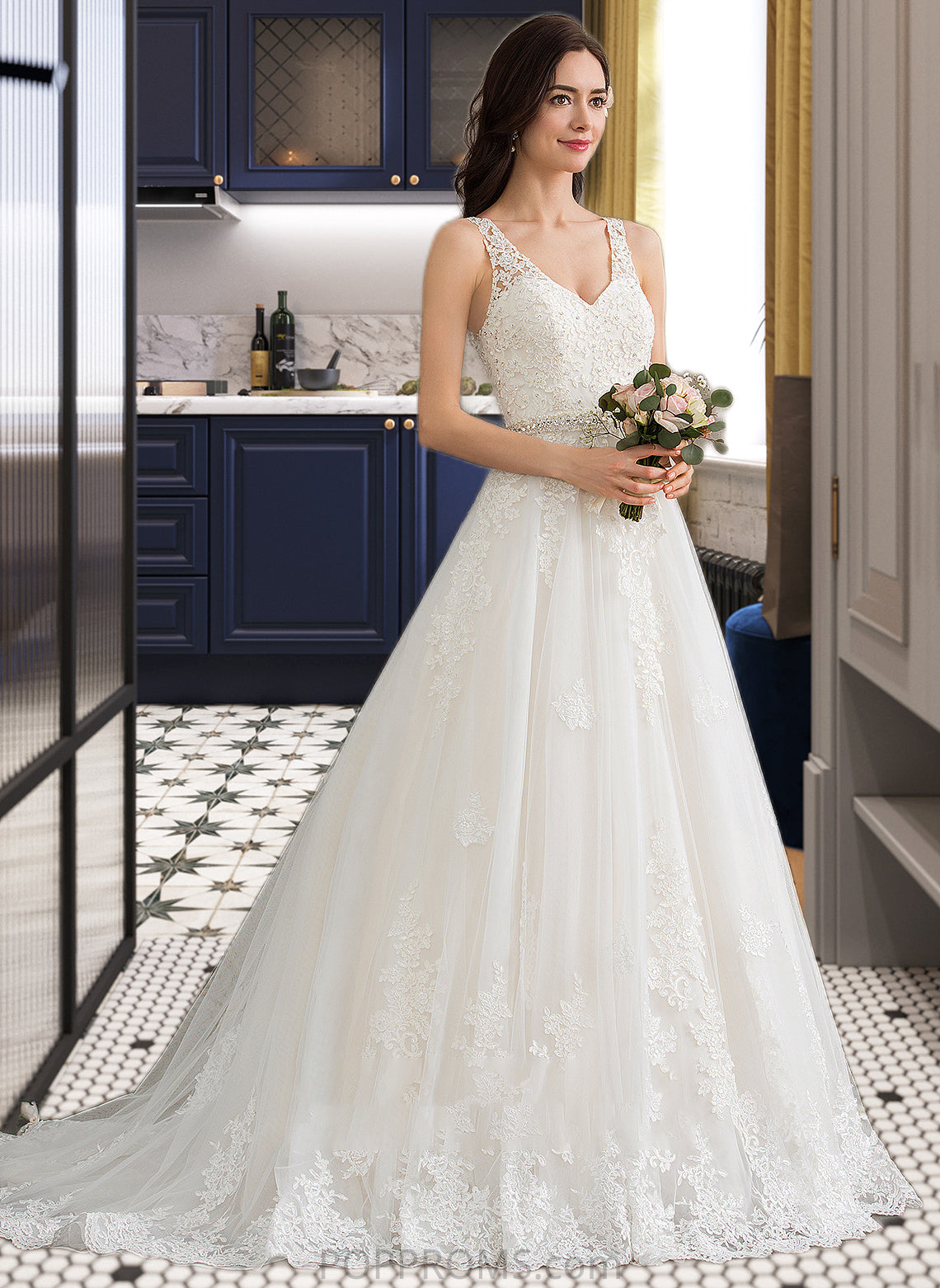 Hazel Ball-Gown/Princess V-neck Court Train Tulle Wedding Dress With Beading Sequins PP6P0013779