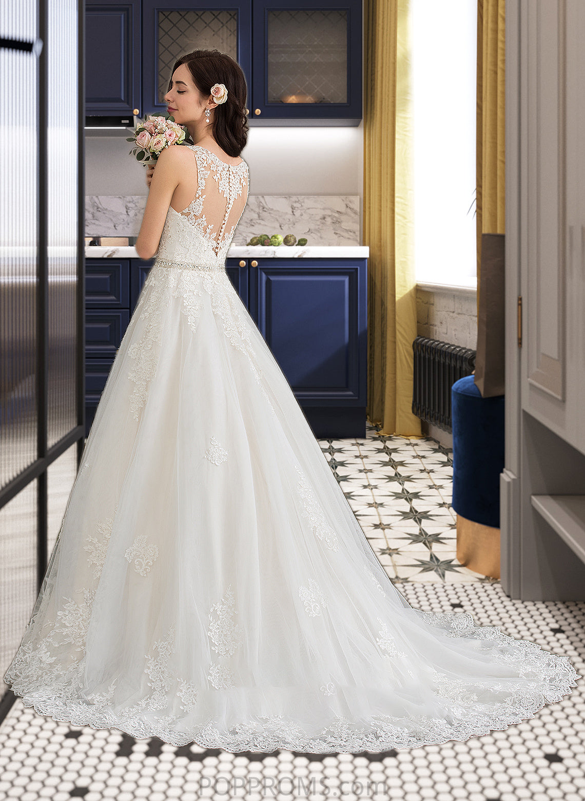 Hazel Ball-Gown/Princess V-neck Court Train Tulle Wedding Dress With Beading Sequins PP6P0013779