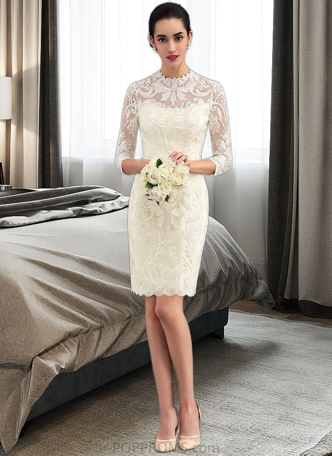 Everly Sheath/Column High Neck Knee-Length Lace Wedding Dress PP6P0013781