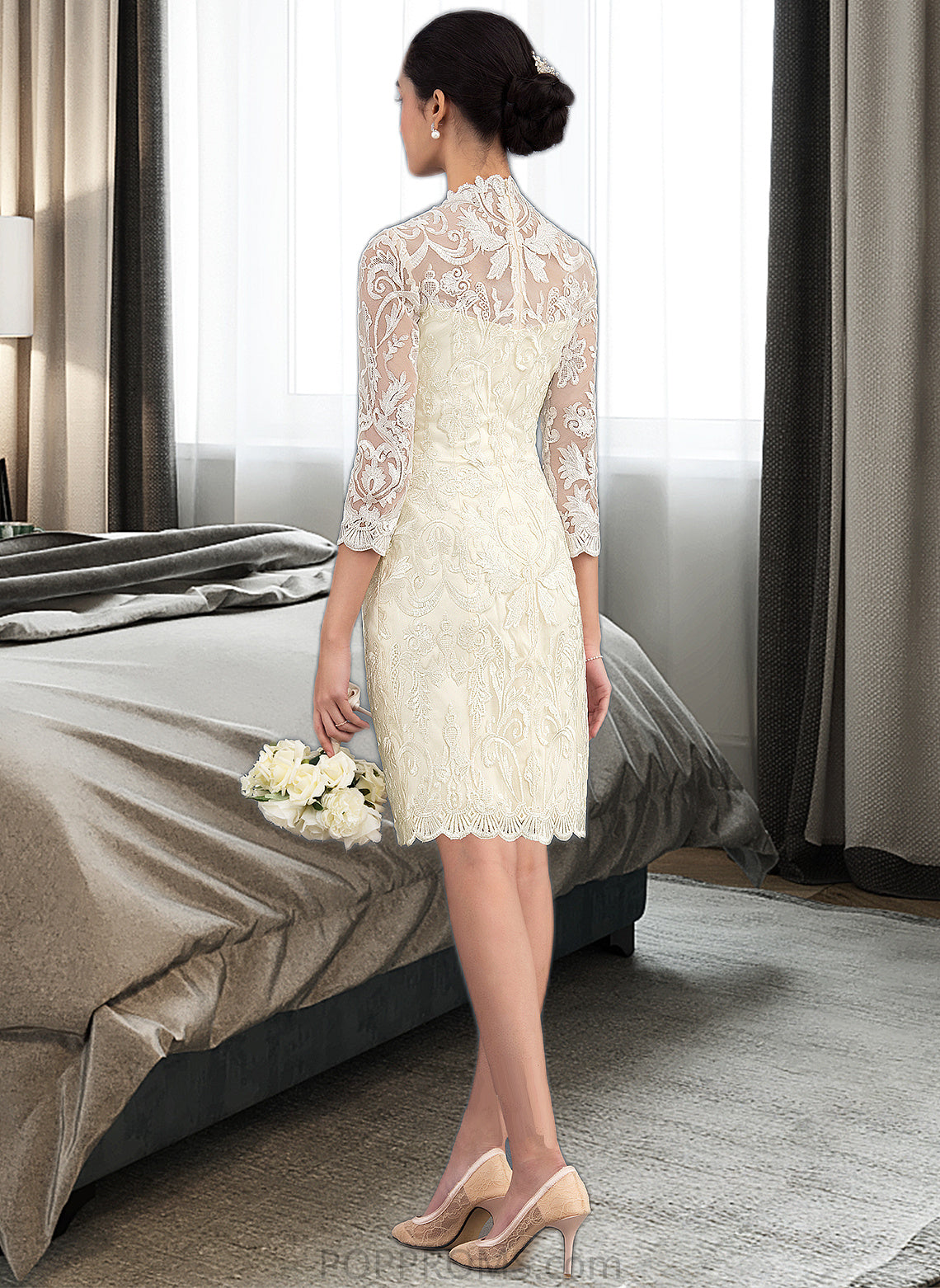 Everly Sheath/Column High Neck Knee-Length Lace Wedding Dress PP6P0013781