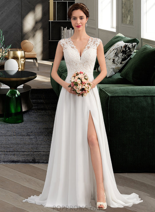 Gabrielle A-Line V-neck Sweep Train Chiffon Wedding Dress With Split Front PP6P0013782