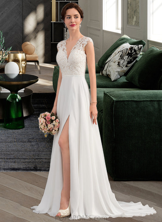 Gabrielle A-Line V-neck Sweep Train Chiffon Wedding Dress With Split Front PP6P0013782