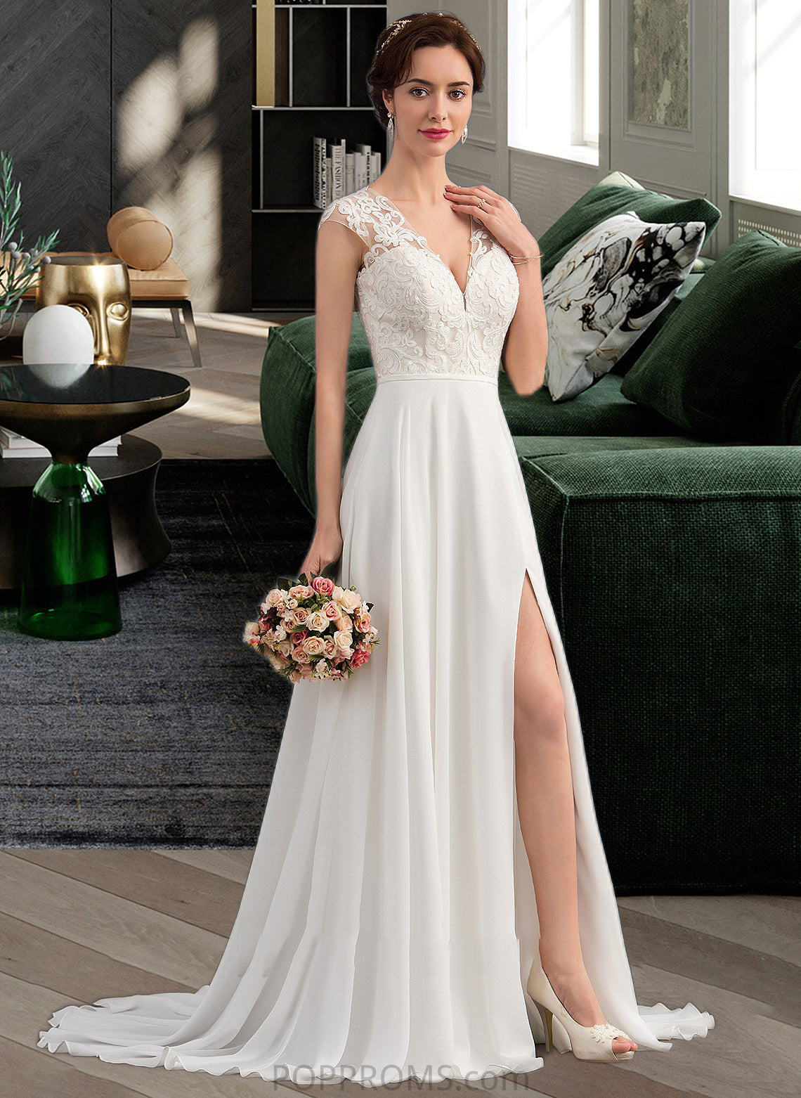 Gabrielle A-Line V-neck Sweep Train Chiffon Wedding Dress With Split Front PP6P0013782