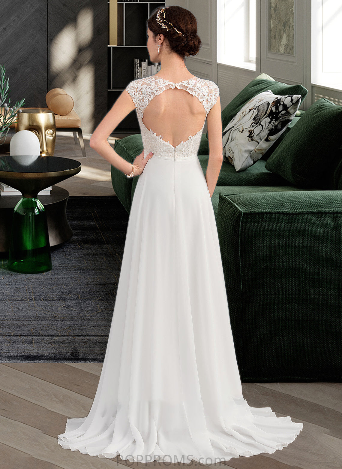 Gabrielle A-Line V-neck Sweep Train Chiffon Wedding Dress With Split Front PP6P0013782