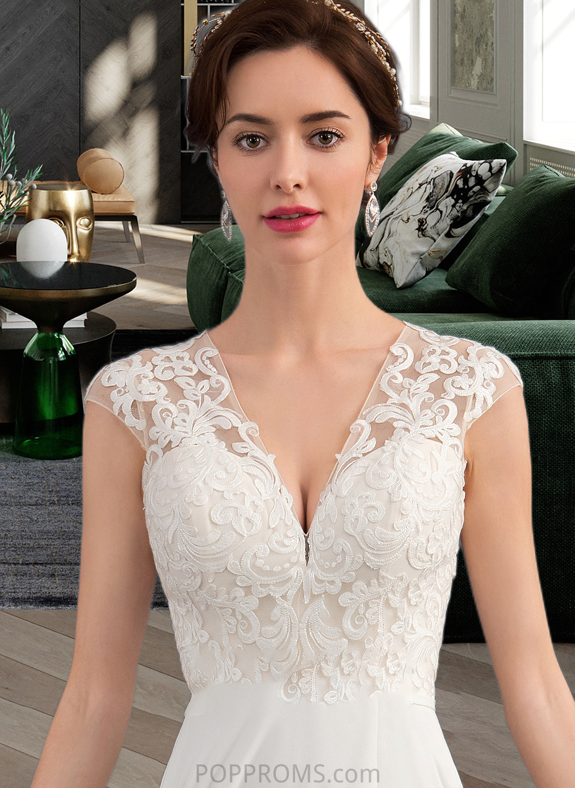 Gabrielle A-Line V-neck Sweep Train Chiffon Wedding Dress With Split Front PP6P0013782