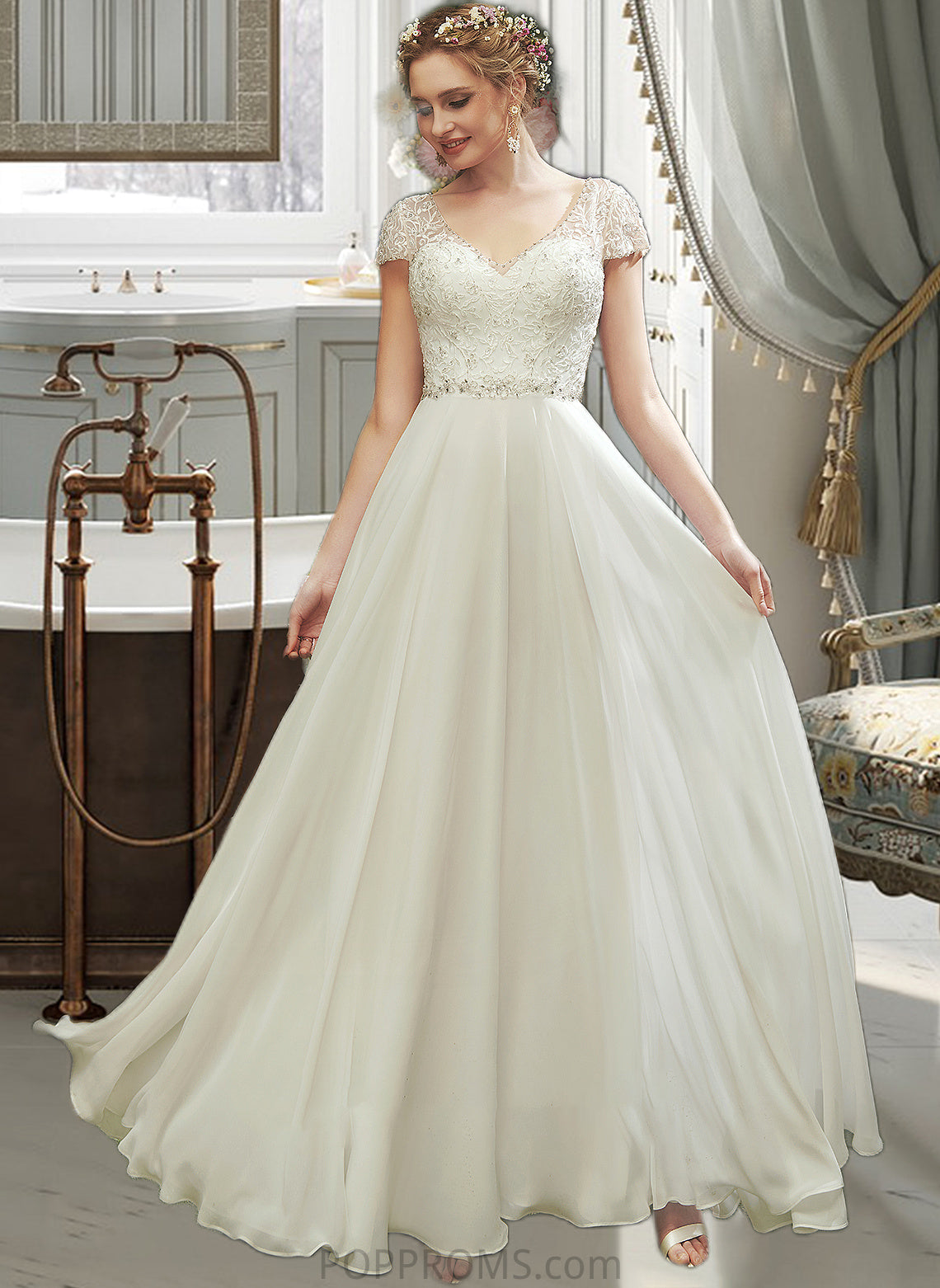 Kianna A-Line V-neck Floor-Length Wedding Dress With Lace Beading Sequins PP6P0013784