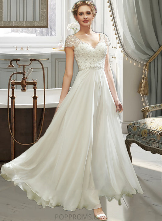 Kianna A-Line V-neck Floor-Length Wedding Dress With Lace Beading Sequins PP6P0013784