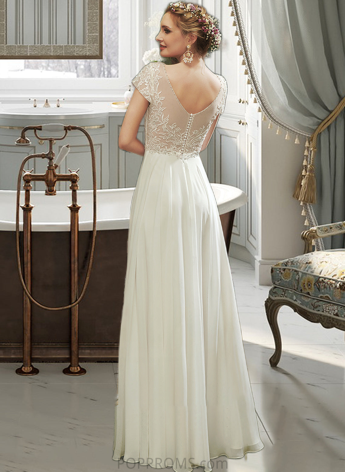 Kianna A-Line V-neck Floor-Length Wedding Dress With Lace Beading Sequins PP6P0013784